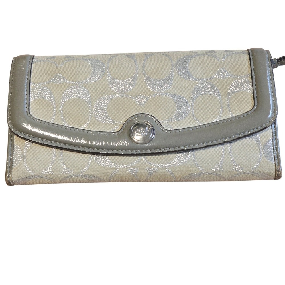 Coach Signature C Metallic Silver Grey Jacquard Patent Leather Slim‎ Wallet